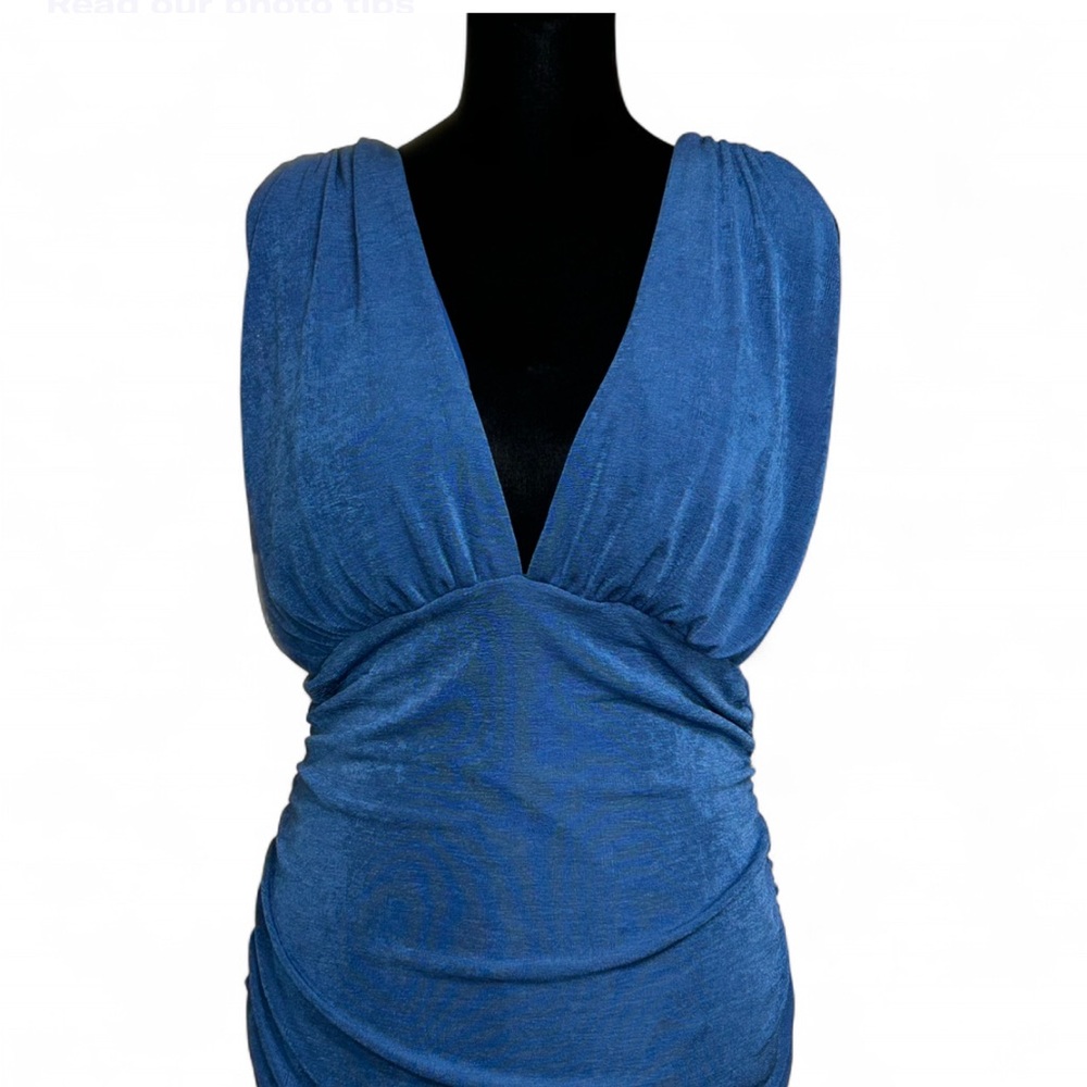 FASHION NOVA Blue Ruched Backless Maxi Dress V Neck Sleeveless XL NWT - Picture 2 of 8